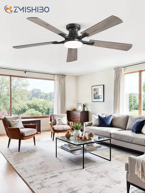 52 Inch Ceiling Fan With Light And Remote App Control Room Ready Low Profile Flush Mount Dimmable 20W LED Light Quiet Reversible Motor in modern living room
