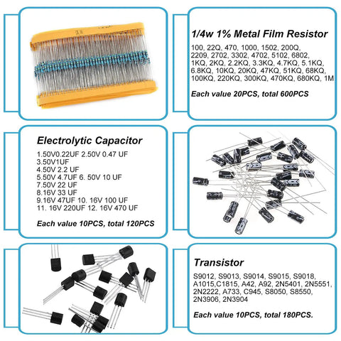 1400 Piece Electronics Component Kit with LEDs Diodes Resistors Electrolytic and Ceramic Capacitors Transistors chart