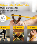 Natural Latex Tubing Nine Sixteenths Inch Outer Diameter By Three Eighths Inch Inner Diameter For Slingshot Catapult Use In Home Hospital Or Lab Durable Elastic Surgical Grade Tube 52 Feet shown in diverse use scenarios including slingshot, yoga, exercise, and rehab.