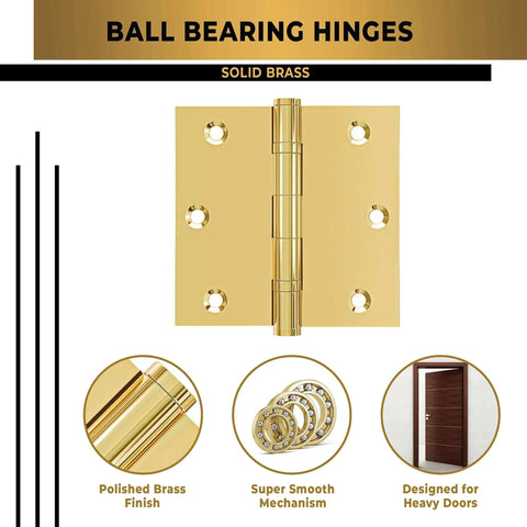 Solid Brass Ball Bearing Door Hinges, Heavy Duty Polished Gold Finish, 3.5 X 3.5 Inch, smooth operation detail and installation examples.
