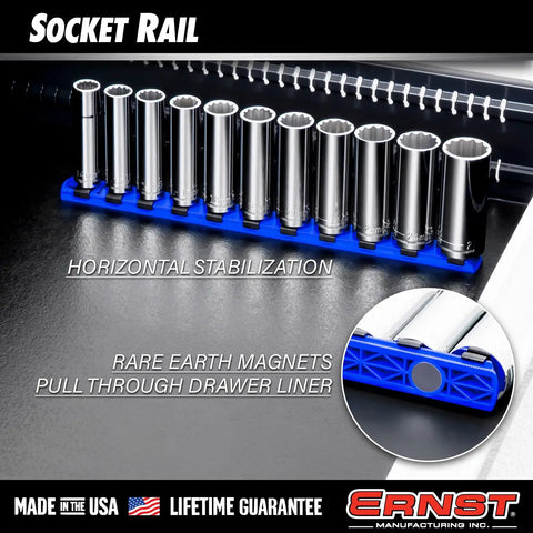 Must Have Twist Lock Magnetic Tool System Organizer Holds Up To 126 Tools With Magnetic Clips for sockets on blue rail