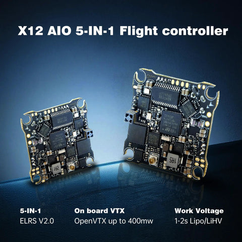 Close-up of X12 AIO 5-IN-1 flight controller for One S 75mm Micro FPV Whoop Drone With Brushless Motors And Five In One AIO Flight Controller Includes Three 450mAh LiPo Batteries And T8L Transmitter For Outdoor Freestyle FPV Racing And Ready To Fly.