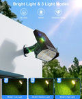 Mounted outdoor LED light with 58 LEDs, 6500K bright light, and 3 modes: low, medium, high. Green landscape background.