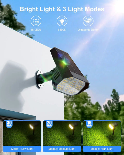 Mounted outdoor LED light with 58 LEDs, 6500K bright light, and 3 modes: low, medium, high. Green landscape background.