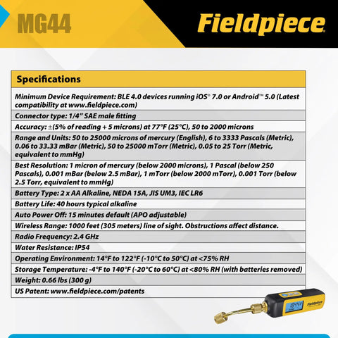 HVACR Wireless Vacuum Gauge MG44 For Quick Pro Grade Micron Readings With Reversible Angled Coupler For a Secure Seal Standalone Or Job Link App Or SMAN Manifold Screen All In One Long Range Vacuum Tool For Tight Spaces, specs view