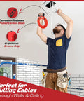 Electrician using Heavy Duty Fish Tape Wire Puller 200 Ft No Fuss with Double Loop Tip for easy cable pulling in walls.