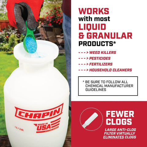 1 Gallon Pump Sprayer For Lawn And Garden, Weeds, Pesticides And More, showing label and use with liquid products outdoors