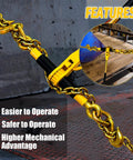 Heavy Duty 2 Pack Ratchet Chain Binders 5/16 To 3/8 Inch with hooks in use, shown with features text overlay