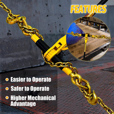 Heavy Duty 2 Pack Ratchet Chain Binders 5/16 To 3/8 Inch with hooks in use, shown with features text overlay