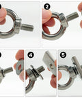 4 Pack Shoulder Eye Bolts Kit Heavy Duty Stainless Steel Eyebolts with washers and nuts shown disassembled and assembled.