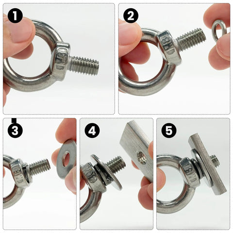 4 Pack Shoulder Eye Bolts Kit Heavy Duty Stainless Steel Eyebolts with washers and nuts shown disassembled and assembled.