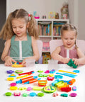 Front view of two kids at a table playing with JOYIN 44-piece clay tools set; colorful molds and rolling pins