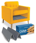Heavy Duty Chair Cushion Support For Sagging Cushions 17x22 Inch Reinforced Plywood Seat Saver Under Foam Firming Board For Recliners Armchairs And Dining Chairs To Restore Firm Level Seating shown installed in a yellow armchair with packaging.