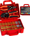 Pro Grade Open Barrel Crimping Tool Kit For Car Audio And Auto Wiring With Ratcheting Wire Crimper For 24 14 AWG Non Insulated Open Terminals Spade Connectors And 2.8 3.9 4.8 6.3mm Copper Terminals in a red case showing various terminals and crimpers
