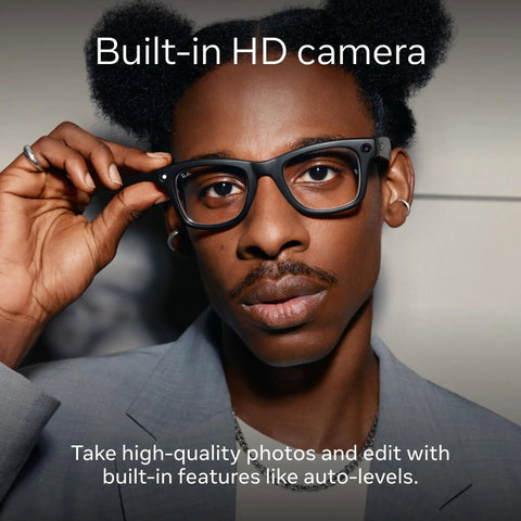 Person wearing Meta Gen 1 Skyler Smart AI Glasses For Men And Women With 12 MP Camera and open-ear audio in a suit