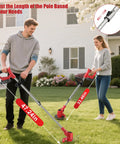 Two people using Cordless Weed Eater With Dual 2.0Ah Batteries, 11,000 RPM Power Trimmer, Adjustable Telescoping Pole in garden.