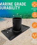 Rock Solid 2 Inch Trailer Jack Foot Plate With Removable Foot Pad Snap Lock Pin showing dimensions and marine-grade durability on sandy surface.