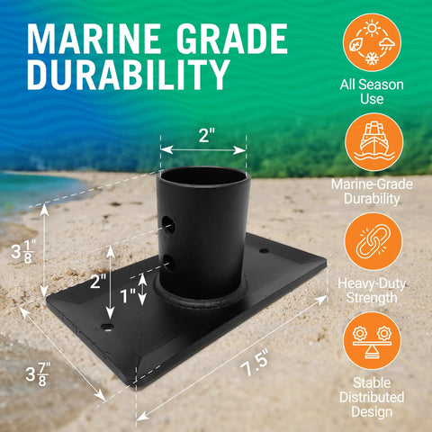 Rock Solid 2 Inch Trailer Jack Foot Plate With Removable Foot Pad Snap Lock Pin showing dimensions and marine-grade durability on sandy surface.