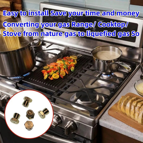 36 Piece Propane Orifice Kit For Grill Masters And BBQ Pros, Brass Jet Burner Nozzles Replacement Set shown with gas stove.