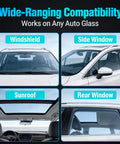 Various auto glass parts compatible with All In One Windshield Repair Kit For Chips And Cracks, shown on a car.