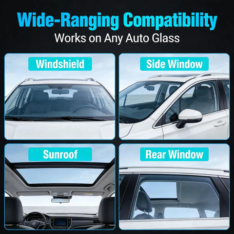 Various auto glass parts compatible with All In One Windshield Repair Kit For Chips And Cracks, shown on a car.