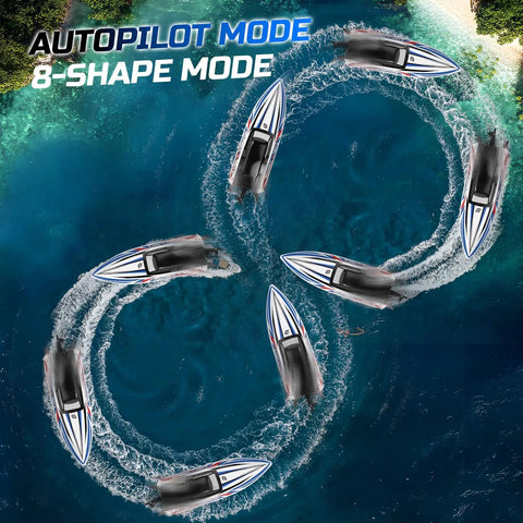 16 Inch Brushless RC Boat For Adults displaying autopilot 8-shape mode on a lake with clear water and surrounding trees