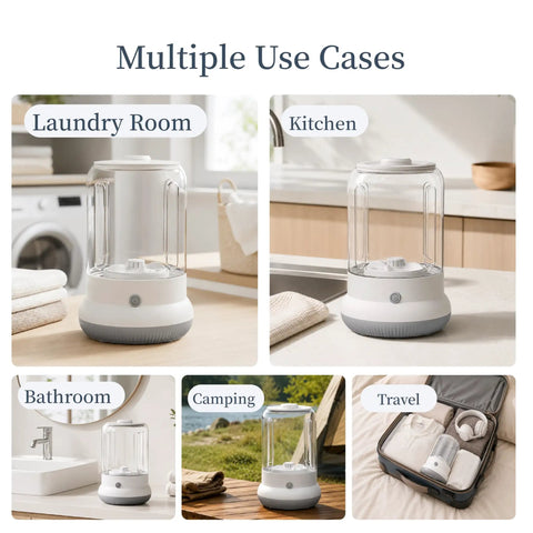 Total Game Changer Mini Washing Machine For Underwear And Delicates Rechargeable Cordless Travel Cup With Hella Long 6000 Mah Battery Life In White Color used in laundry, kitchen, bathroom, camping, and travel settings.