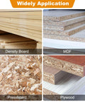 Collage showing different wood types: density board, MDF, pressboard, and plywood used with Two Pack Point Cutting Roundover Router Bit