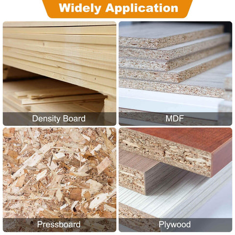 Collage showing different wood types: density board, MDF, pressboard, and plywood used with Two Pack Point Cutting Roundover Router Bit