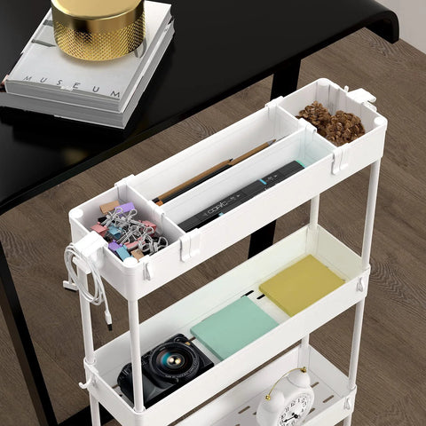 Top view of Slim 4 Tier Storage Cart with Rolling Wheels and Narrow Profile for tight gaps between furniture, holding office supplies.