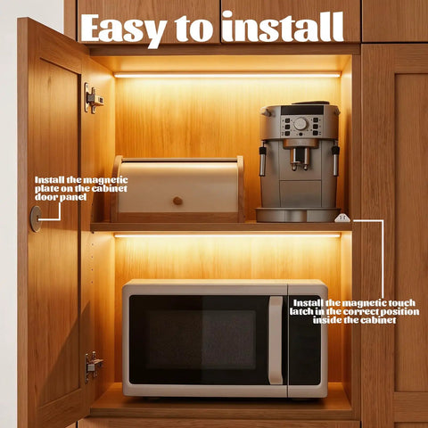 Set Of Two White Push To Open Magnetic Cabinet Door Latches installed inside wooden cupboard with microwave and coffee machine