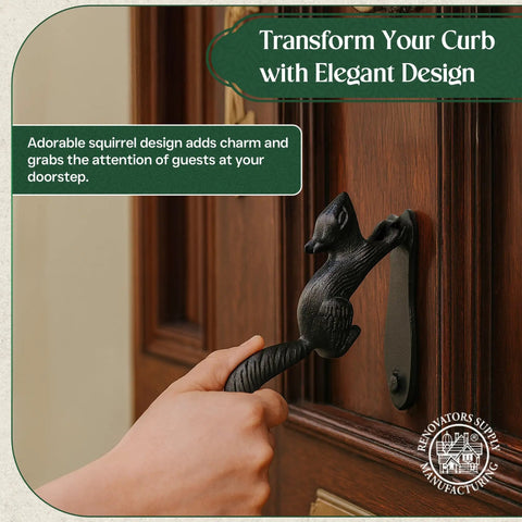 Hand using Black Cast Iron Squirrel Shaped Door Knocker With Mounting Hardware, 6.75 Inch Front Door Accessory, Weatherproof Finish