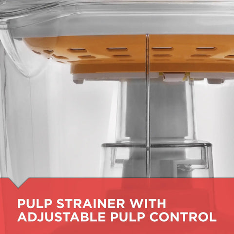 Close-up of electric citrus juicer with 32 ounce pitcher, featuring no fuss pressure activated adjustable pulp control strainer.