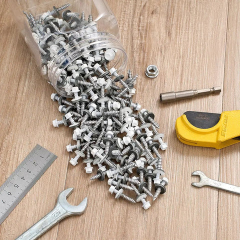 White Metal Roofing Screws Kit With 150 Pcs 10x1 Inch Galvanized Hex Head Self Tapping Screws With EPDM Washer For Metal To Wood Siding And Corrugated Roofing Includes Free One Quarter Inch Hex Driver Bit on wooden surface