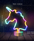 Unicorn LED Night Light For Girls Bedroom Decor Colorful Neon Unicorn Sign With USB Or Battery Power Cute Kids Room Nightlight Lit Dreamy Glow And Dope Ambience, dimensions shown in glowing neon outline.