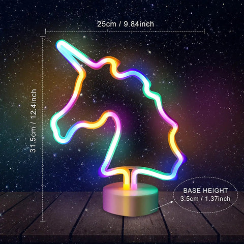 Unicorn LED Night Light For Girls Bedroom Decor Colorful Neon Unicorn Sign With USB Or Battery Power Cute Kids Room Nightlight Lit Dreamy Glow And Dope Ambience, dimensions shown in glowing neon outline.