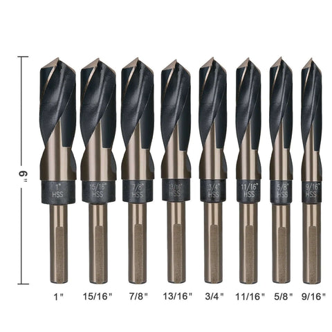 EFFICERE 8-piece Deming drill bit set, reduced-shank M2 HSS, sizes 9/16 to 1 inch in 1/16-inch increments