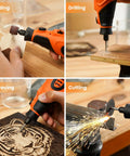 Badass 12V Cordless Rotary Tool Kit With 6 Variable Speeds Up To 25000 Rpm in use for sanding, drilling, engraving, and cutting.