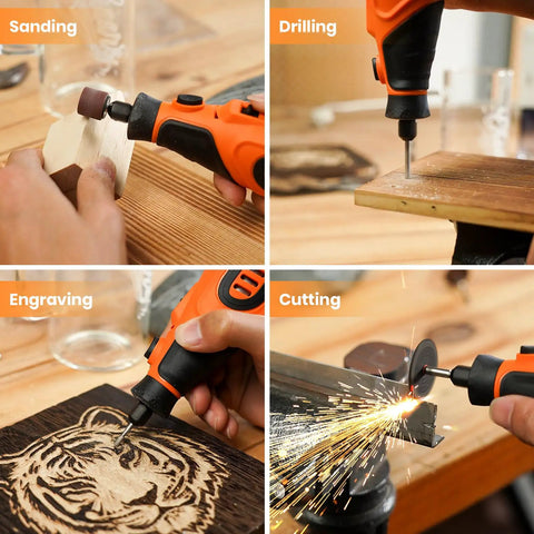 Badass 12V Cordless Rotary Tool Kit With 6 Variable Speeds Up To 25000 Rpm in use for sanding, drilling, engraving, and cutting.