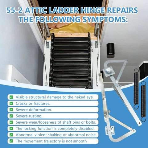 55-2 Attic Ladder Hinge Arms With Springs No Fuss Replacement Kit for Attic Ladders After 2010 with checklist and parts shown