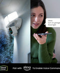 Triple Head Floodlight Cam With Full HD 1080P Live View, 2.4 GHz WiFi, smart voice command with woman using Alexa