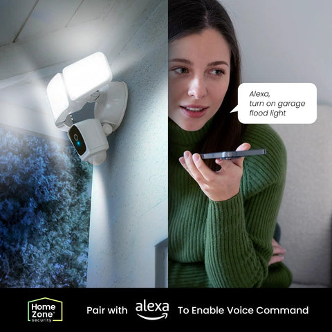 Triple Head Floodlight Cam With Full HD 1080P Live View, 2.4 GHz WiFi, smart voice command with woman using Alexa
