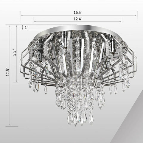 Six Light Crystal Chandelier Ceiling Light Fixture Modern Flush Mount With Sparkling Crystals, 16.5 Inch Diameter, Dimensions Shown