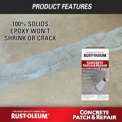 Concrete Patch And Repair Two Part Epoxy For Indoor And Outdoor Use 24 oz packaging next to a repaired concrete crack.