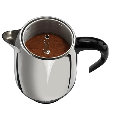 Electric Coffee Percolator 4 Cup With Stainless Steel Basket No Drip Spout And Automatic Keep Warm Black Silver Finish
