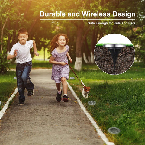 Outdoor Solar Ground Lights 16 Pack No Fuss 8 LED Per Light, Waterproof Disk Pathway Lights in lawn with kids running