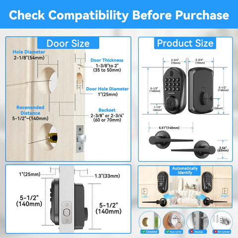 Compatibility guide for Rock Solid 5 In 1 Smart Deadbolt With Handle Fingerprint Scanner And Keypad Keyless Entry Door Lock dimensions.