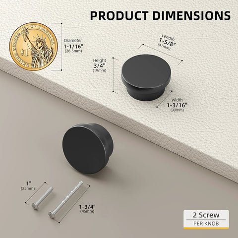 Dimensions of 18 Pack Black Cabinet Knobs Zinc Alloy Round Drawer Knob 1-5/8 Inch with screws and diagram.