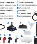 Smart Steam Mop With Handheld Unit Including Twelve Versatile Attachments for cleaning tools, including brushes, squeegee, and cloths.