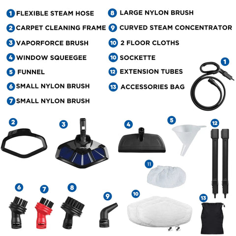 Smart Steam Mop With Handheld Unit Including Twelve Versatile Attachments for cleaning tools, including brushes, squeegee, and cloths.